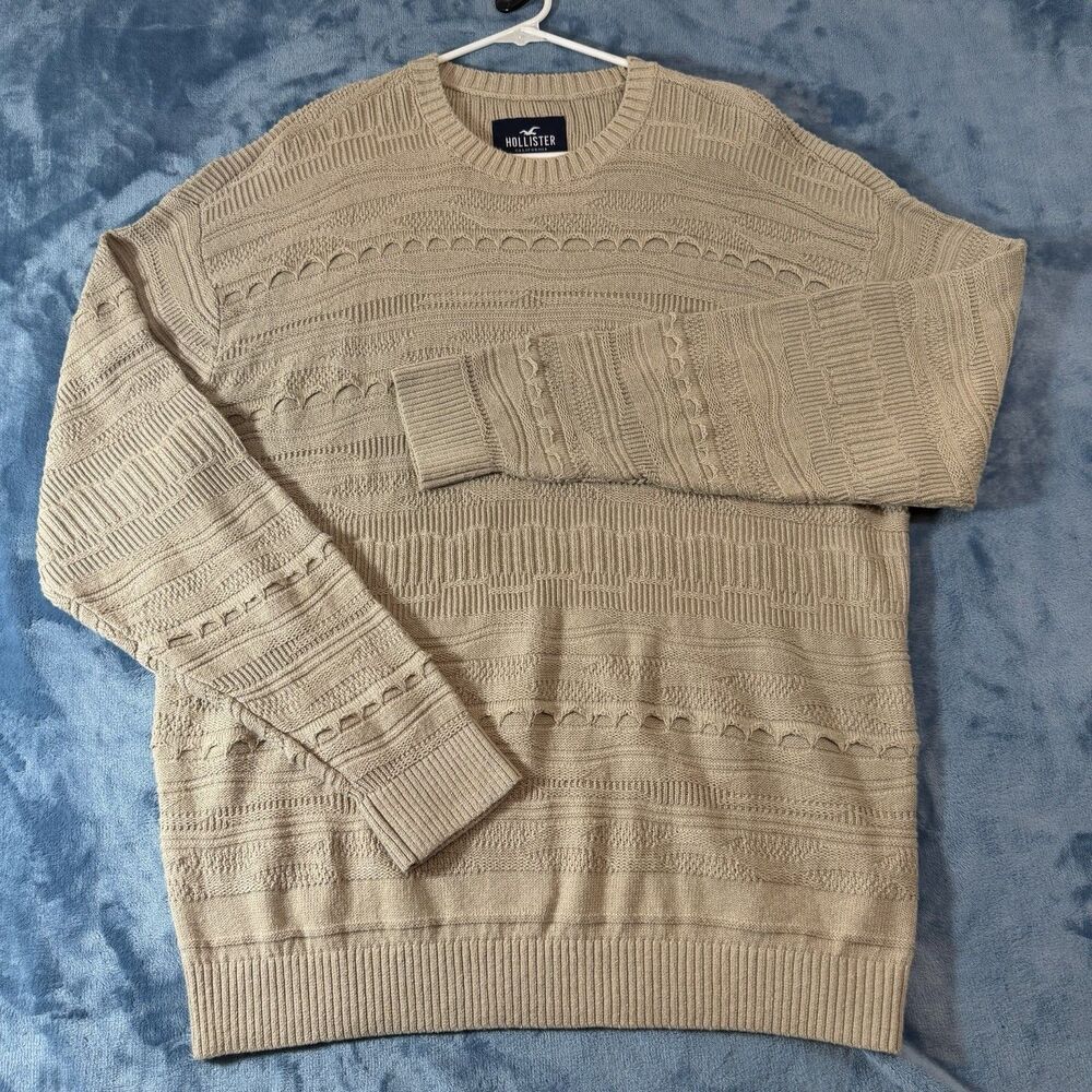 Hollister Knit Sweater Mens Large L Beige Textured Heavy Ribbed Coogi Style